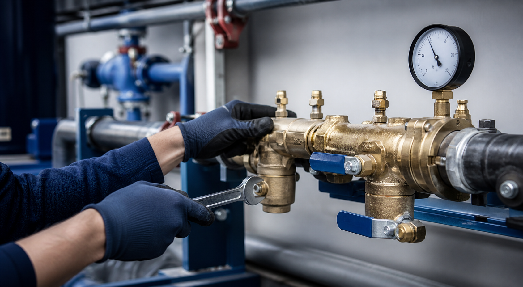 Concept photo of backflow prevention service in a commercial mechanical room